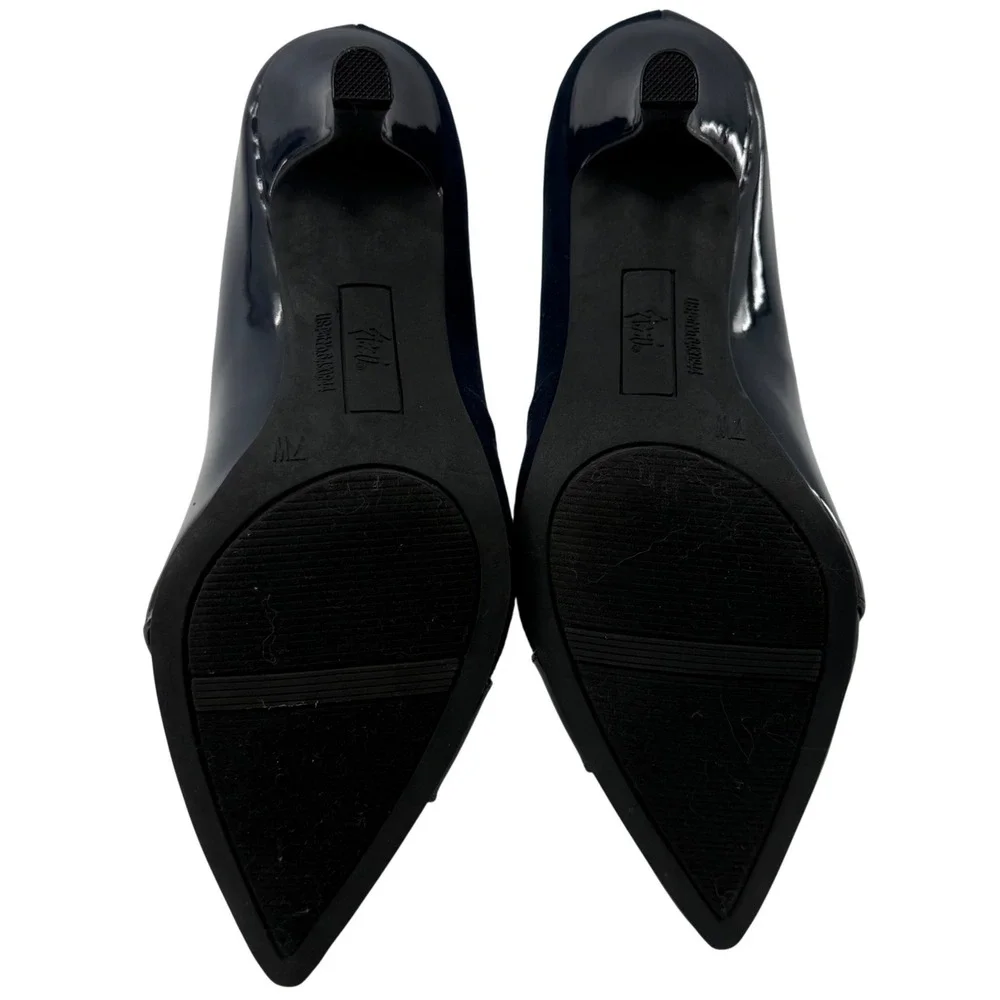 Fioni Jody 7W Wide Pointed Toe Pumps Navy Patent Mixed Media Kitten Heels 164367